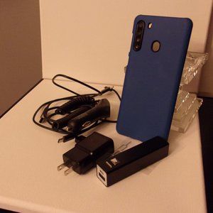Samsung Galaxy A21 cell phone with accessories.